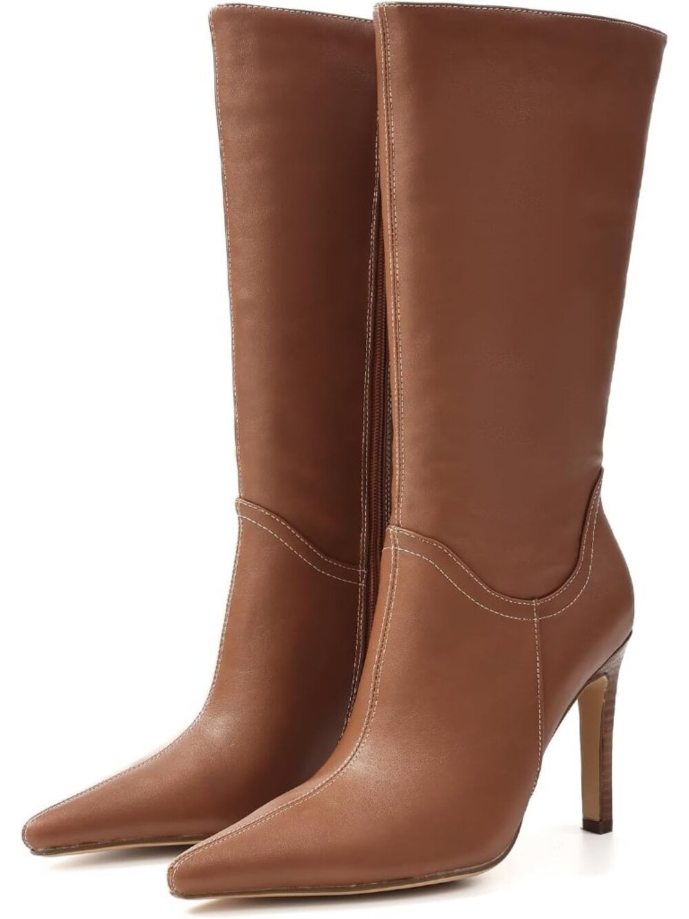 Women's Light Brown Mid Calf Pointed Toe High Heel Side Zipper Dress Boots